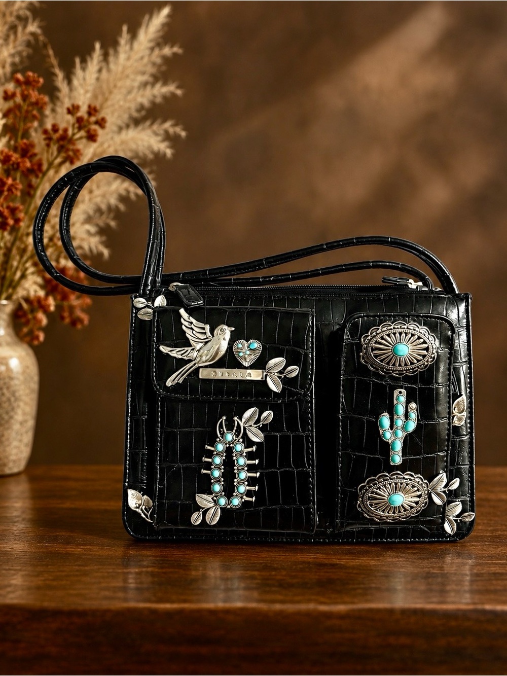 One of a Kind Western Turquoise Embellished Black Handbag Silver Bird Cactus